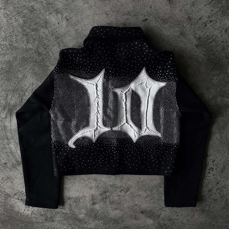 Streetwear Tenthseries Jackets Y2K Baseball Jackets Mens Womens Rhinestone Lettering Oversized Jackets Lapel Zipper Coats 250325