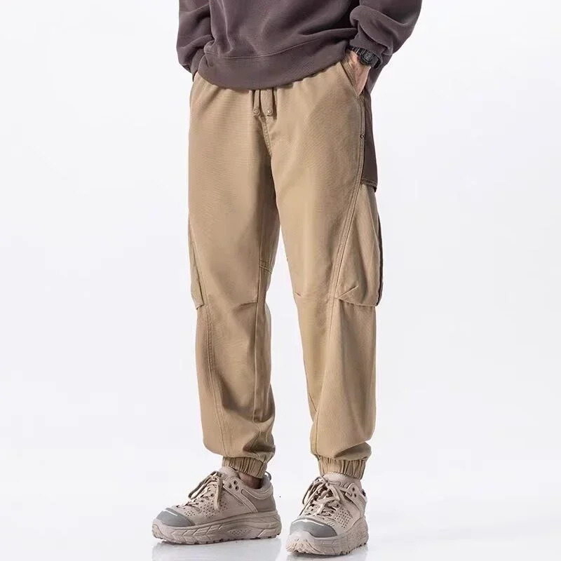 Mens retro patch work pants autumn pockets comfortable jogging casual outdoor elastic waist Trousers 250322