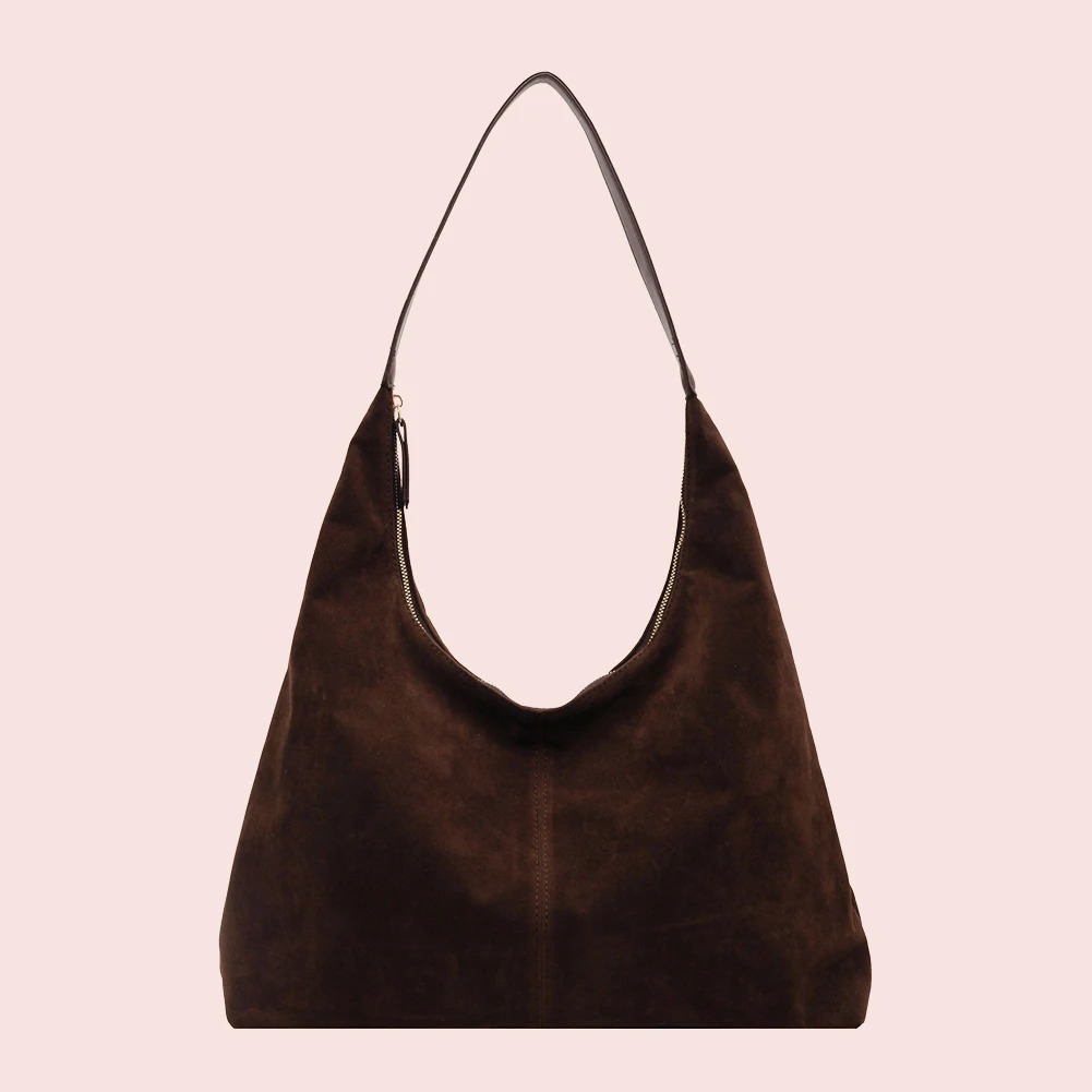 Women Suede Tote Bag with Zipper Shoulder Bag PU Leather Large Capacity Hobo Bag Solid Slouchy Bag Travel Bag 250324