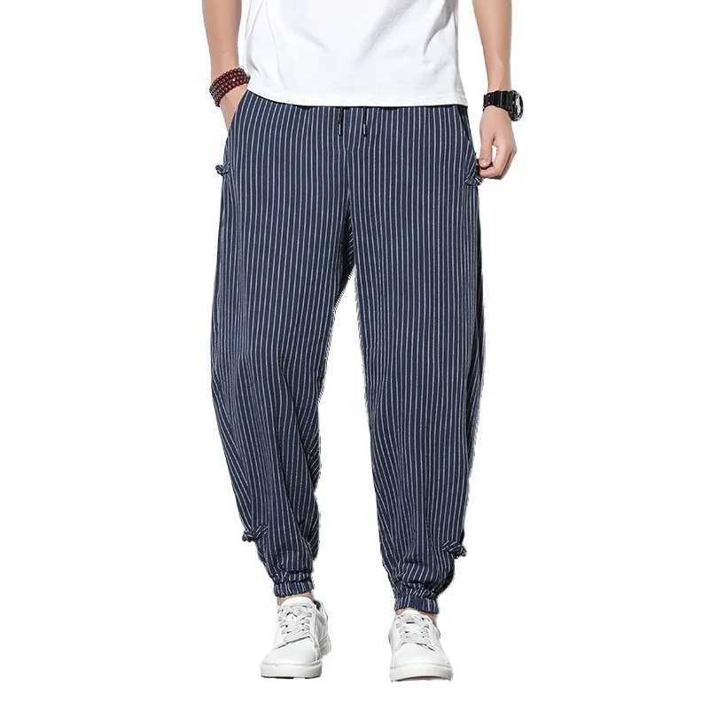 Mens Summer Casual Pants Spring/Summer Mens Striped Pants Loose Belt Sports Pants Summer Linen Cut Pants W250324