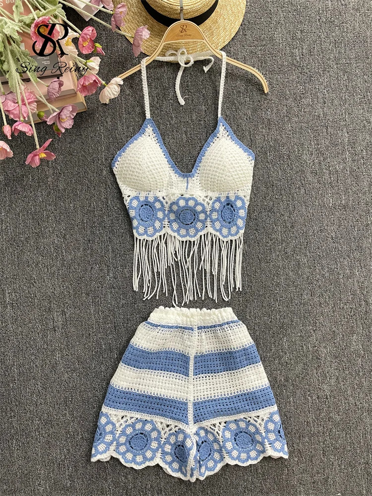 SINGREENY Summer Sexy Beach Set Fashion Strap Tassel Tank TopElastic Wide Leg Shorts Hollow Casual Two Piece Set 250322