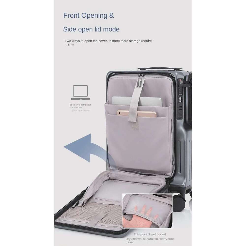 Multifunctional Carry on Suitcase Front Opening Laptop Boarding USB Charging Trolley Case 20 Inch ABS + PC Travel Lage