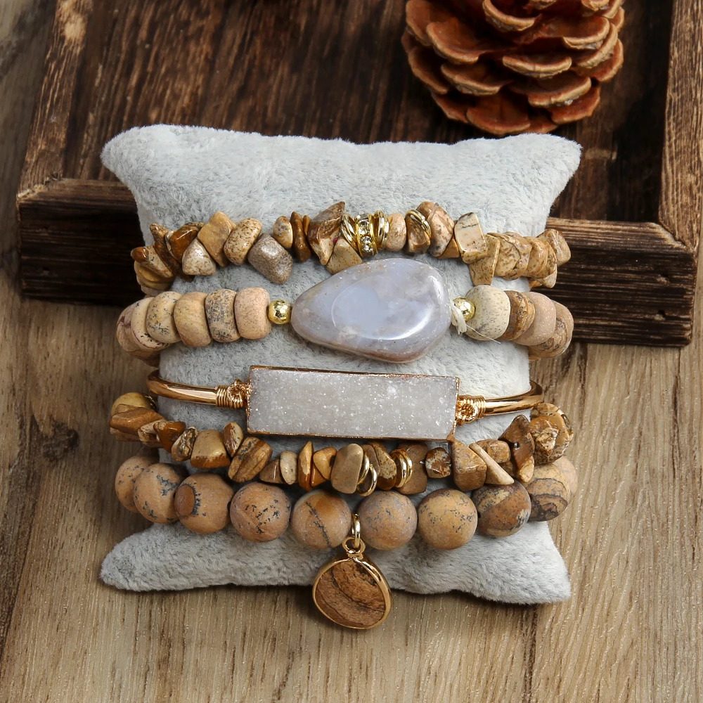 Fashion Boho er Beaded Bracelet Chip Stone 5pc Stack Bracelets Bangle Set For Women Jewelry Friends Birthday 250318