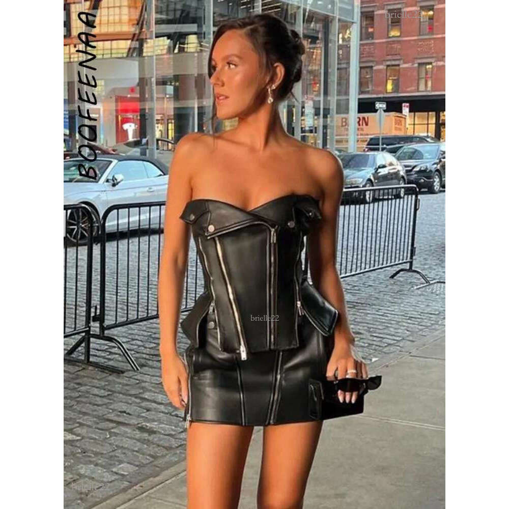 Women's Tanks Camis BOOFEENAA Trendy PU Leather Black Tube Tops Womens Streetwear Y2k Irregular Zipper Strapless Corset Busiter Nightclub C66-DZ2