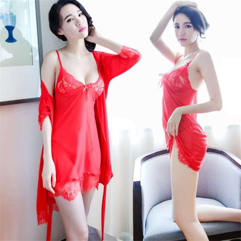 Hot & Sexy Iconic Sex Women's 2-Piece Underwear Nightdress Solid Night Robe Lace Gerie