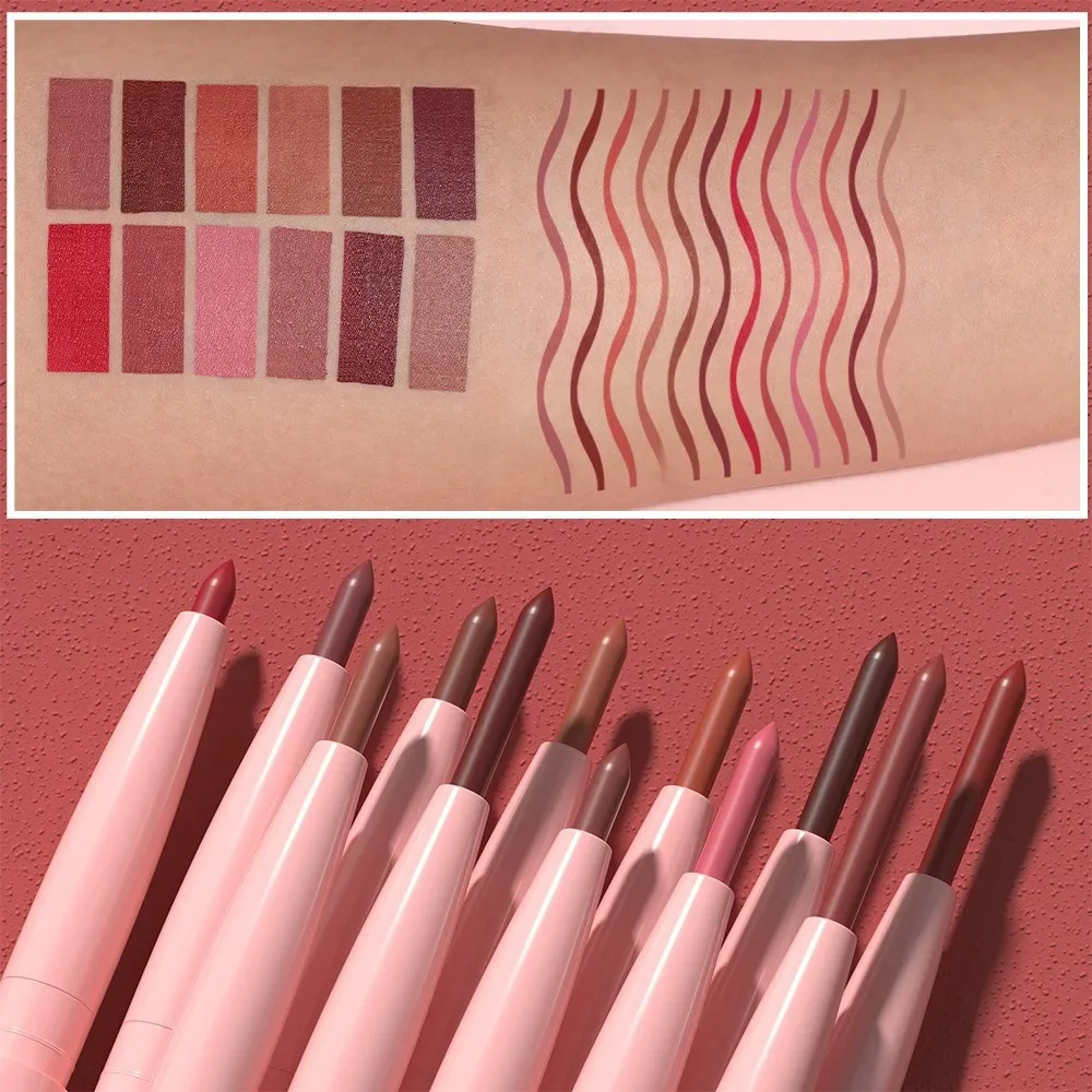 12Pcsbox Velvet Matte Lip Liner Pen Set Nude Red Contour Tint Lip Crayon Waterproof Non-stick Cup Lipliner Lipstick Pencil Kit 250324
