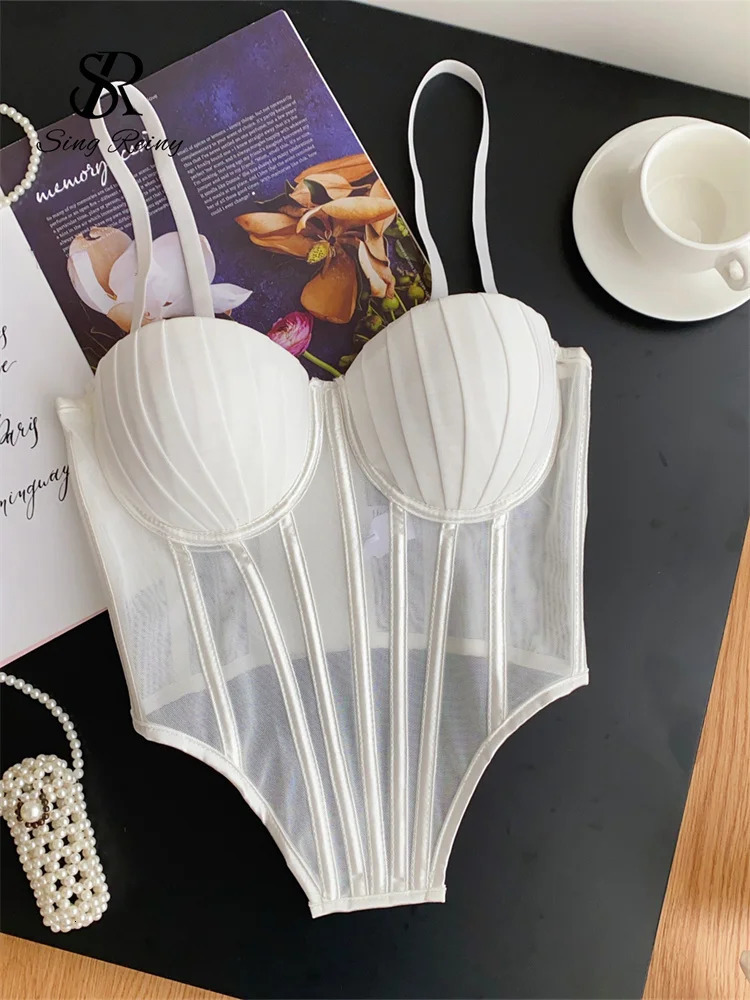 SINGREINY Fashion Solid Corset Lingerie Top Ladies Strap Sheer Mesh Slim Camisole American Retro Backless Beach Sexy Tank Top250324