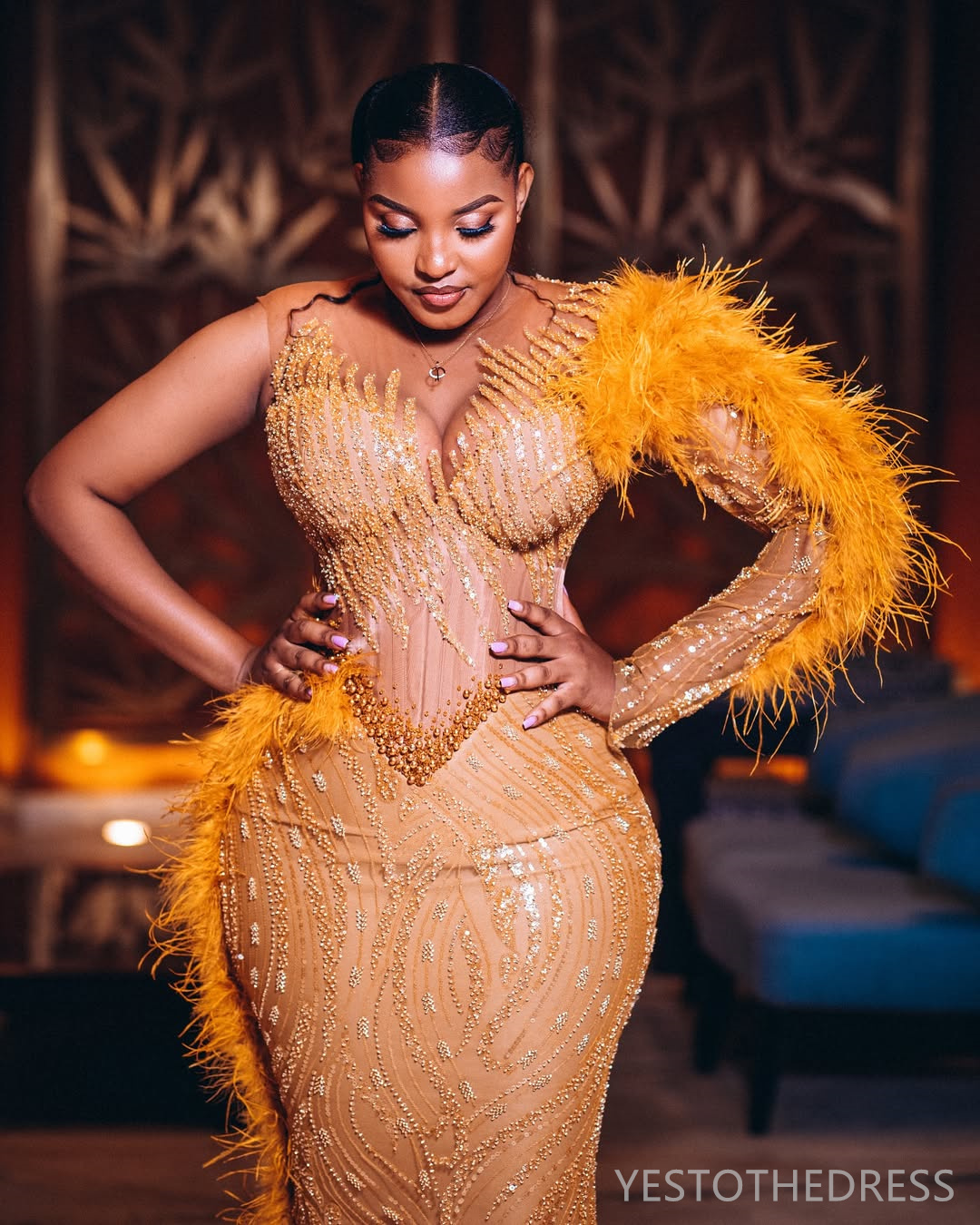 2025 Aso Ebi Gold Prom Dress Mermaid Prom Dress For Special Occasions Sheer Neck Feathered Beaded Lace Crystals Illusion Birthday Second Reception Gow