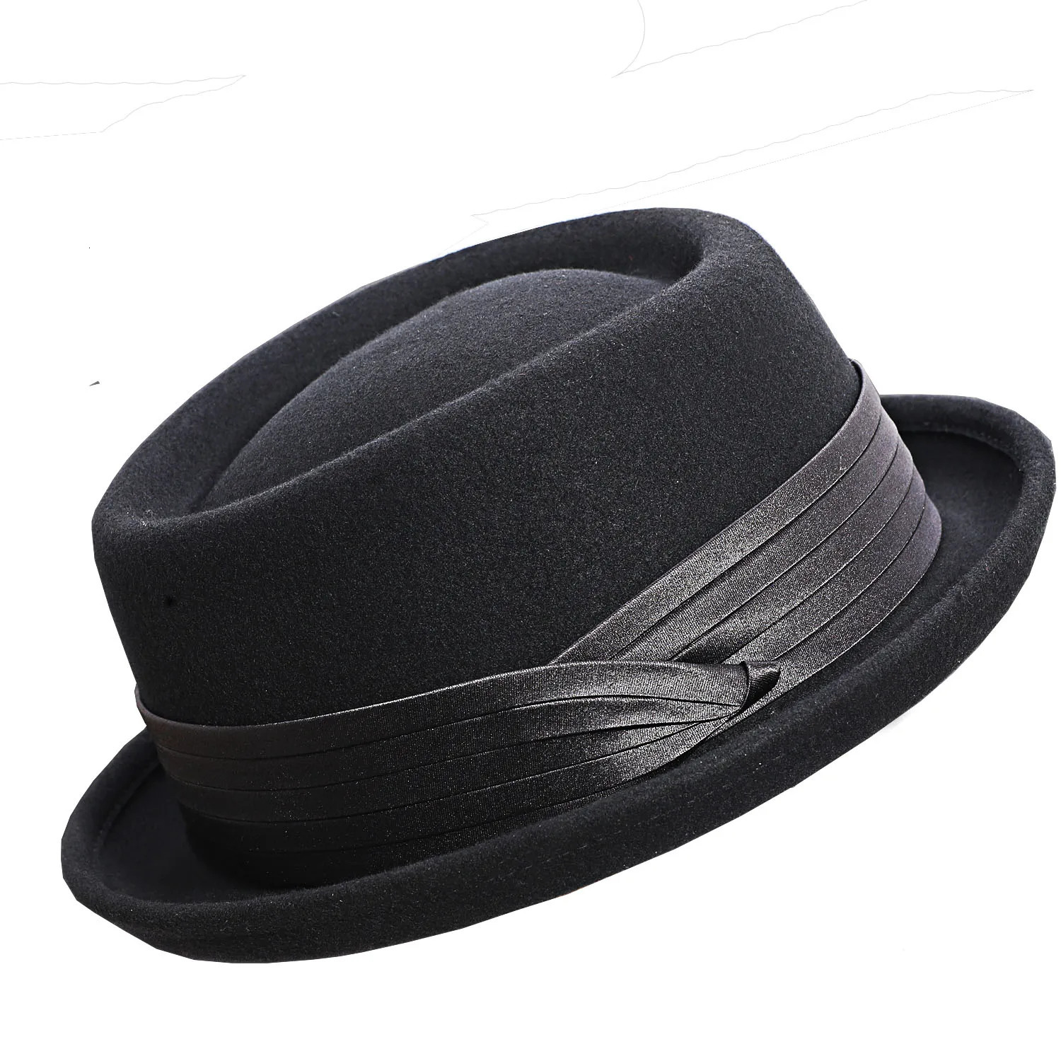 Womens Foldable Pork Pie Fedora Hat Width Brim 100% Wool Felt Pork Skin Hat Church Jazz Ribbon 250322