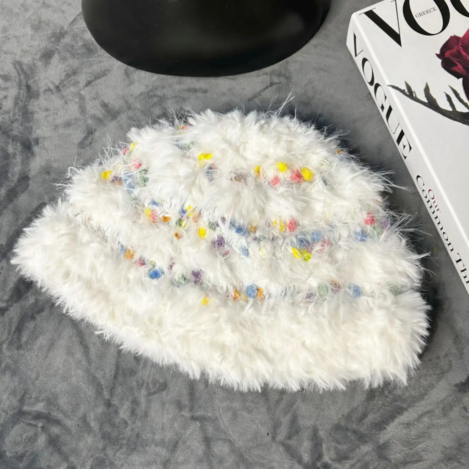 outdoor thickened warm Rainbow Bean Fisherman Hat White Solid Fluffy fishing knit hat for ladies Winter 250320