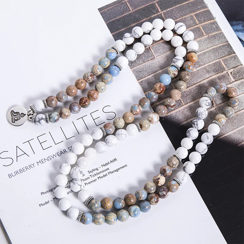 8mm Natural Howlite Emperor Jasper Beaded Elastic Cord Wrap Bracelet Meditation Yoga Healing Jewelry 108 Mala Women Bangle 250318