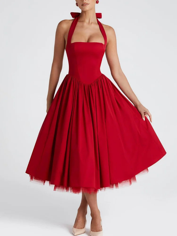 Elegant Solid High Waist Pleated A-line Dress Women Sexy Backless Sleeveless Slim Halter Dresses 2025 Street Party Vestidos 250325