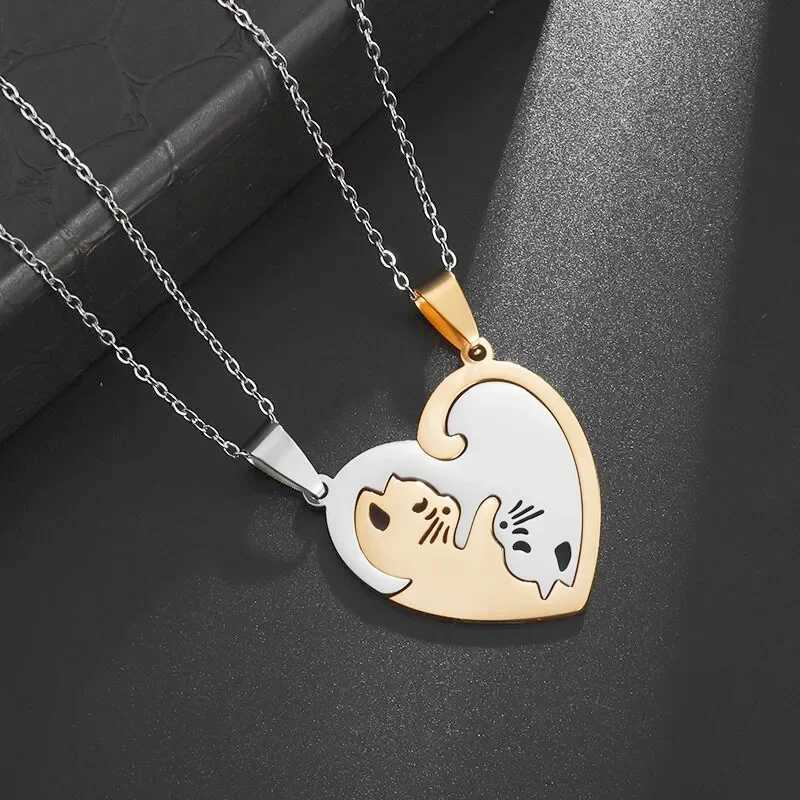Hot Hug Pet Cat Pairing Couple Necklace Fashion Stainless Steel Mens Best Friend Bff Pendant Jewelry Gift W250325