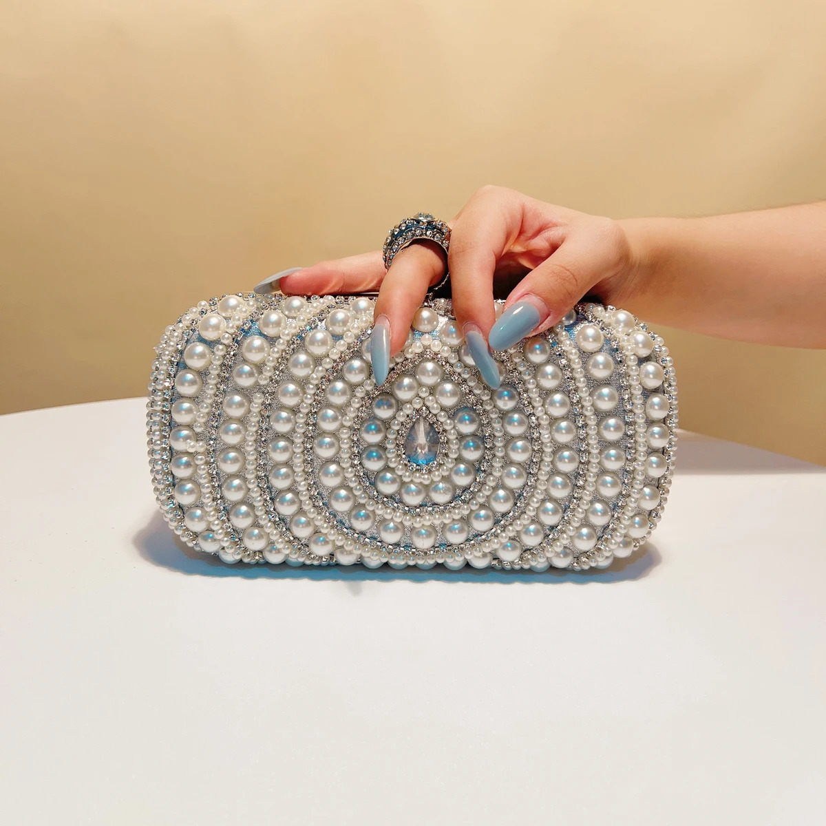 Pearl Retro Style Sparkling Rhinestone Evening Bag Finger Ring Diamond Party Wedding Ball Cocktail Clutch Bag 250320