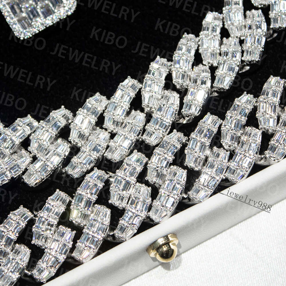 Iced Out for Mens Necklace Silver Chains Baguette Cut Moissanite Diamond 18mm Vvs Moissanite Cuban Link Chain