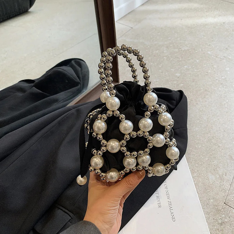 pearl bead womens shoulder cross bag pearl chain buckle bucket handbag 250320