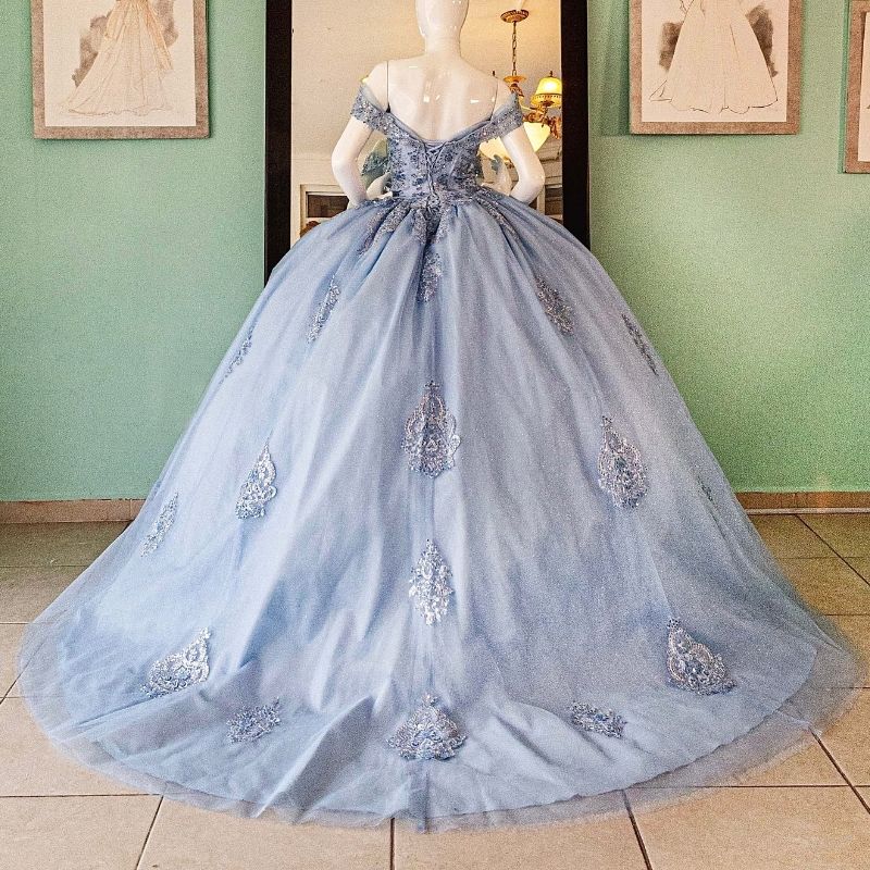 Light Blue Shiny Off The Shoulder Beading Crystal Quinceanera Dresses Ball Gown Appliques Lace Tull Sweet 15 Vestidos De XV Anos Sweet 16 Dress