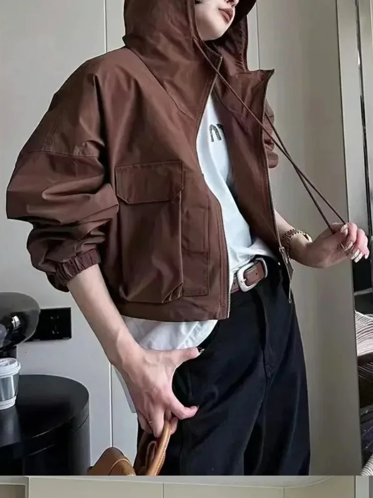 Korean Fashion Harajuku Cropped Jacket Womens Windproof Cover Zipper Coat Autumn Clothing Y2k Retro Street Clothing 250322