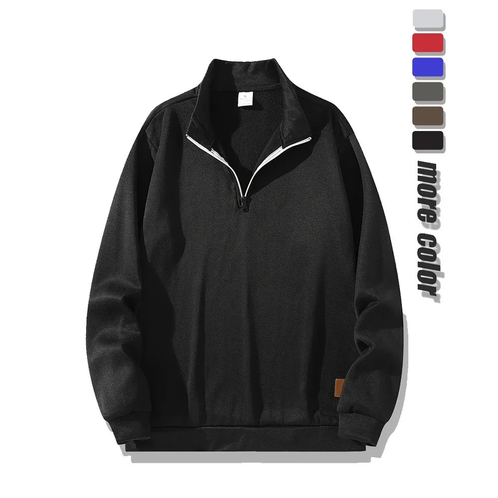 Mens collar sweatshirt autumn solid color half zip hooded turtle neck long sleeved zipper warm casual outdoor streetwear 250318