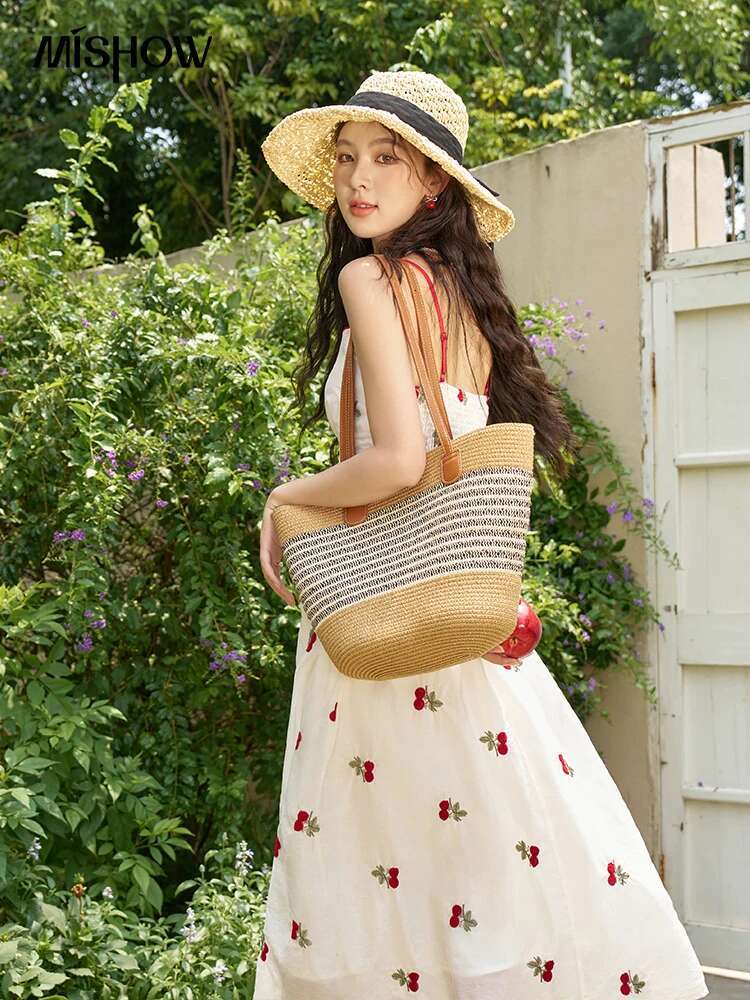 MISHOW Cherry Embroidered Women 2024 Summer French Retro Sleeveless Sweet Dress Bow Square Neck Strap Dresses MXD25L1941