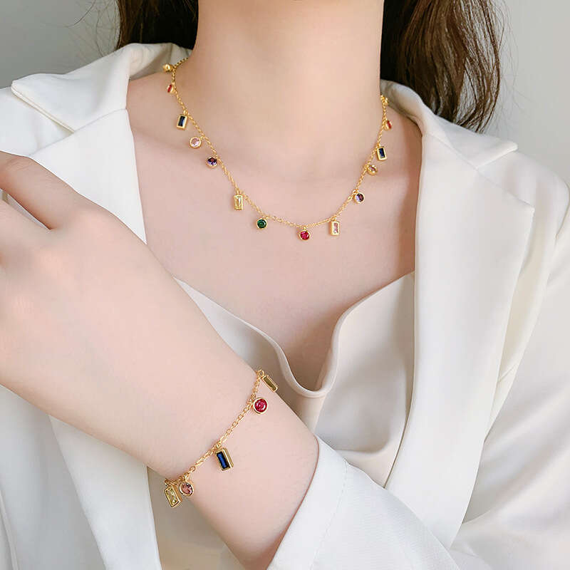 Zhuang Shengsheng Women's New Personalized Color blocked Glass Stone Bracelet Necklace Temperament Female Jewelry