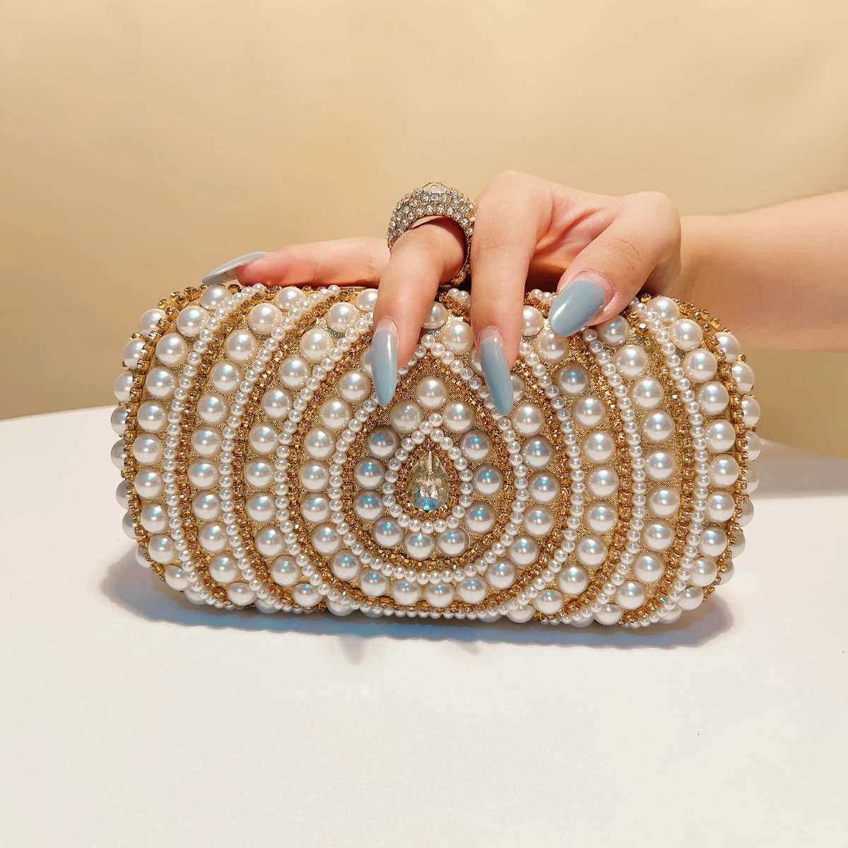 Pearl Retro Style Sparkling Rhinestone Evening Bag Finger Ring Diamond Party Wedding Ball Cocktail Clutch Bag 250320