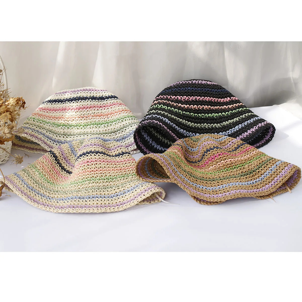 Womens straw hat crochet hat striped rainbow UV protection sunshade beach hat womens sun hat womens sun hat 250320