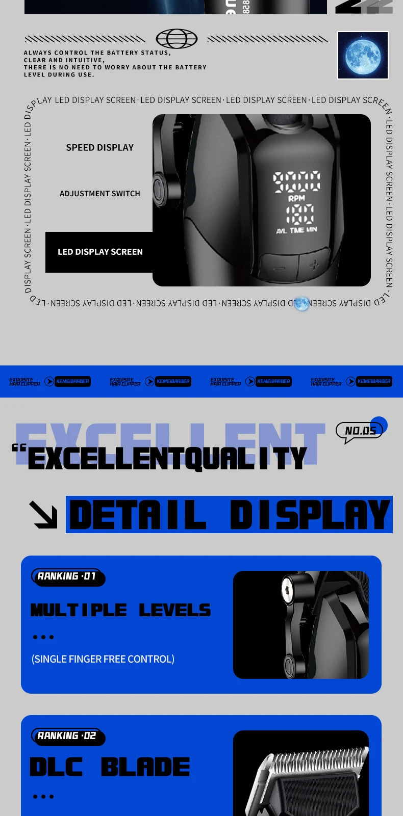 KEMEI DLC Blade Electric Hair Clipper Professional Cordless Usb Rechargeable Hair Clippers With Light KM-1858 250324