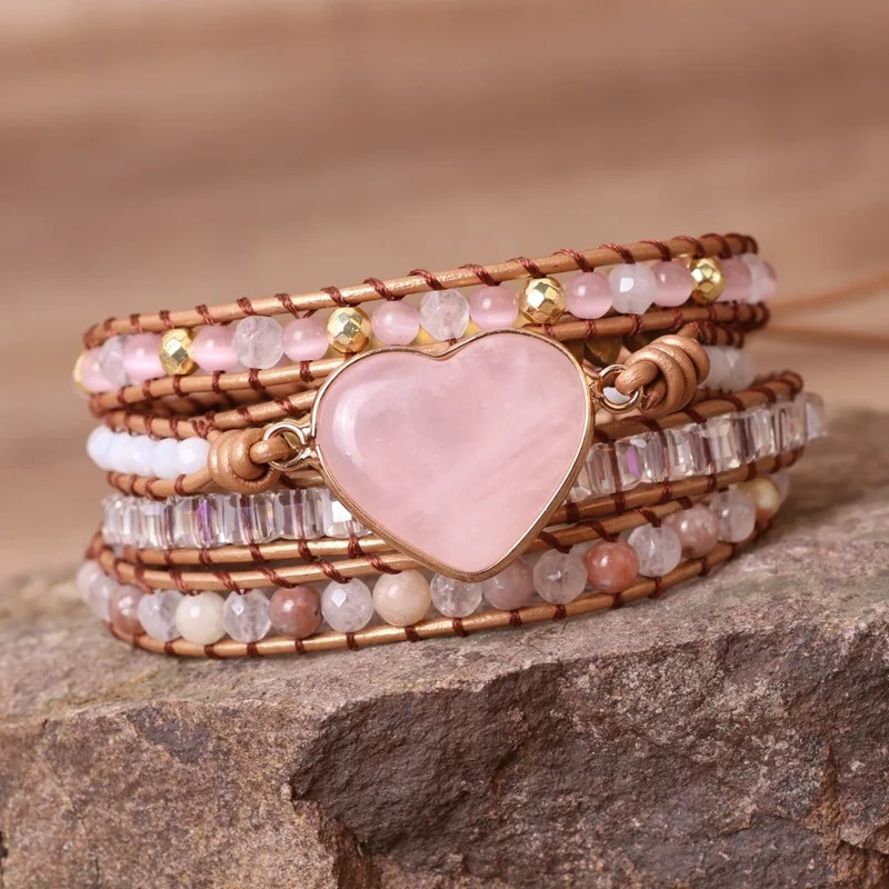 Rose Quartz Natural Stone Wrap Bracelet For Women/Men Multilayer Heart Charms Genuine Leather Boho Handmade Beaded Bracelet 250318