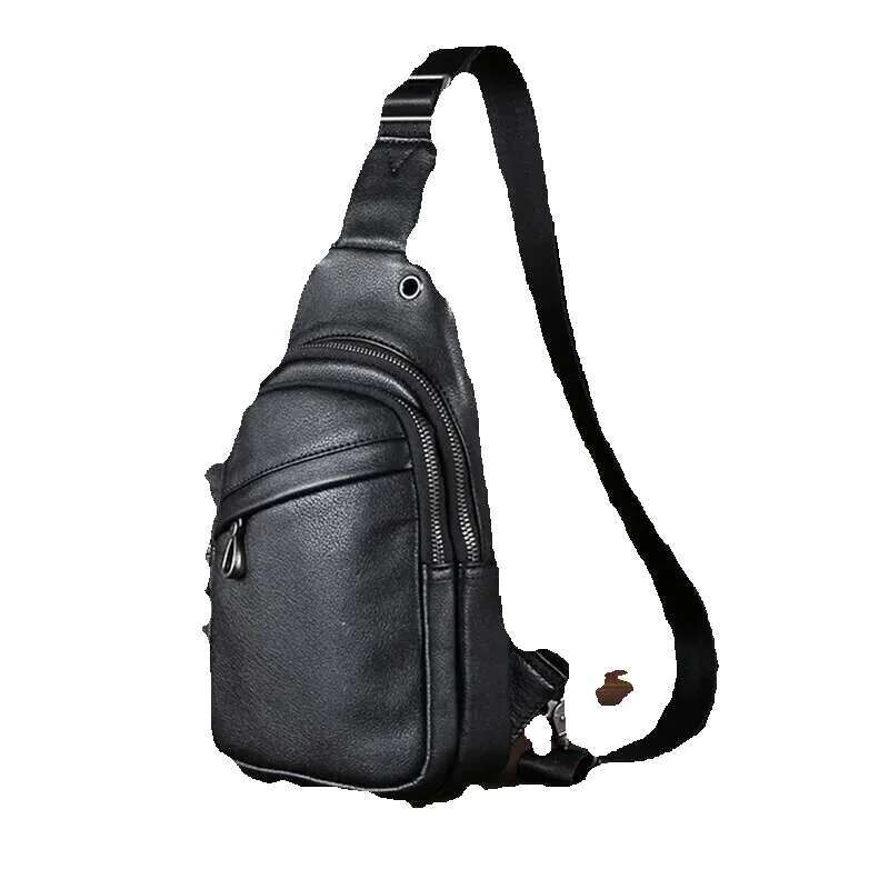 Men's Leather Chest Bun Head Layer Real Cowhide Crossbody Casual Retro Youth All-In-One Shoulder Classic Men's Bag