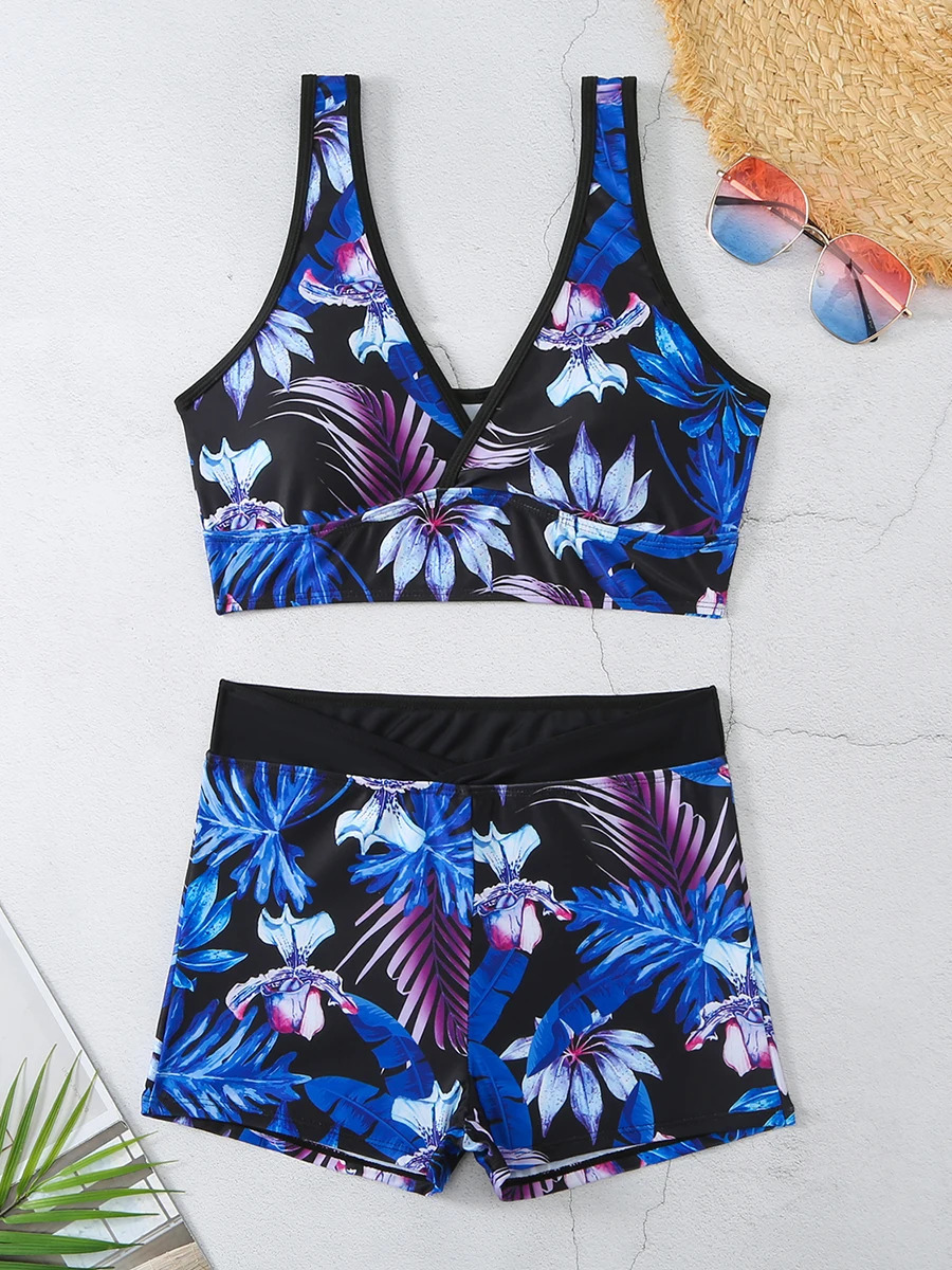 Print Vneck and waist boxing bikini 2024 swimsuit womens apron bathroom beachwear 250321
