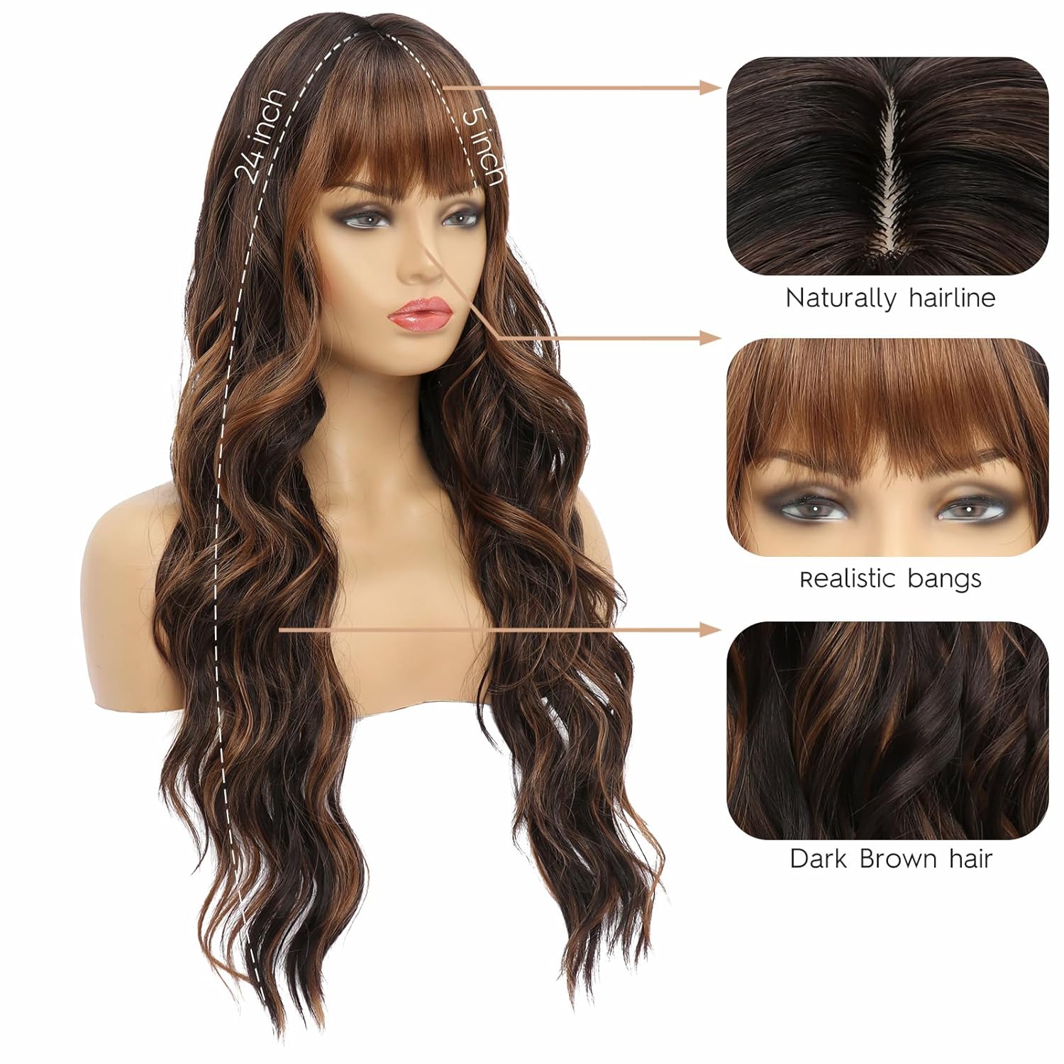 Long Brown Wavy Wigs Long Curly Wig with Bangs Natural Appearance Heat-Resistant Synthetic Wig Suitable for Fashionable Women