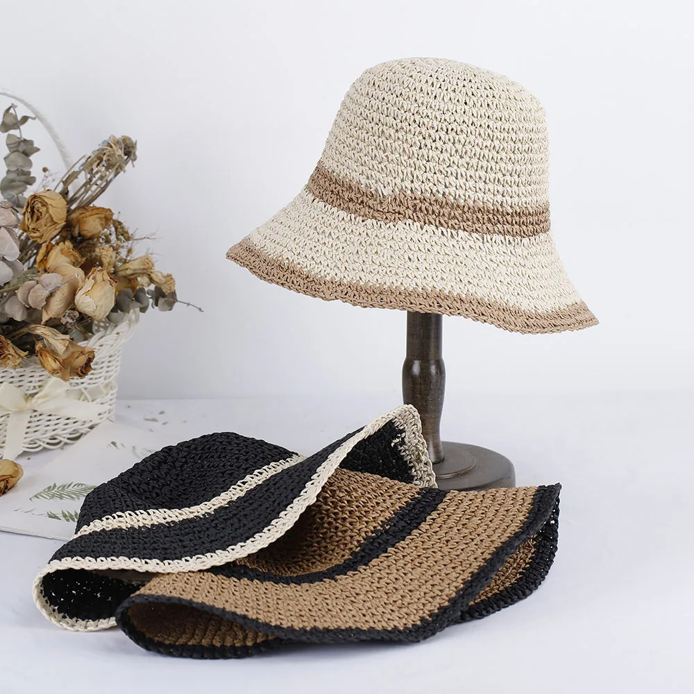 Girls Fashion Style Bucket Hat Multi Color Folding Sun Stripe Hat Used for Beach Travel and Vacation Handmade Straw Hat 250320