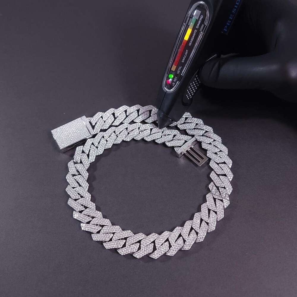 12mm 100% Handmade Setting 3 Row Vvs Moissanite Diamond Iced Out Cuban Link Chain 925 Sterling Silver Necklace