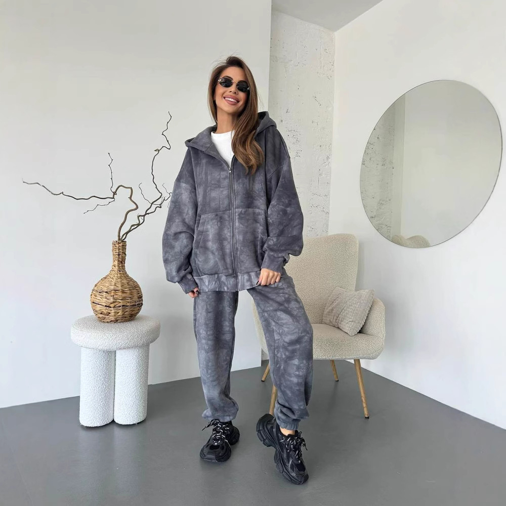 Early autumn lazy style suit tie dye long sleeved zipper hooded sweatshirt, high waist straight leg casual sweatpants, women's high-end feel