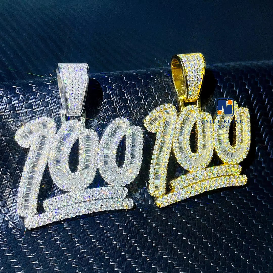 Hip Hop Jewelry Custom Charm Lucky Number 100 Pendant Baguette VVS Moissanite Pendant Iced Out Necklace