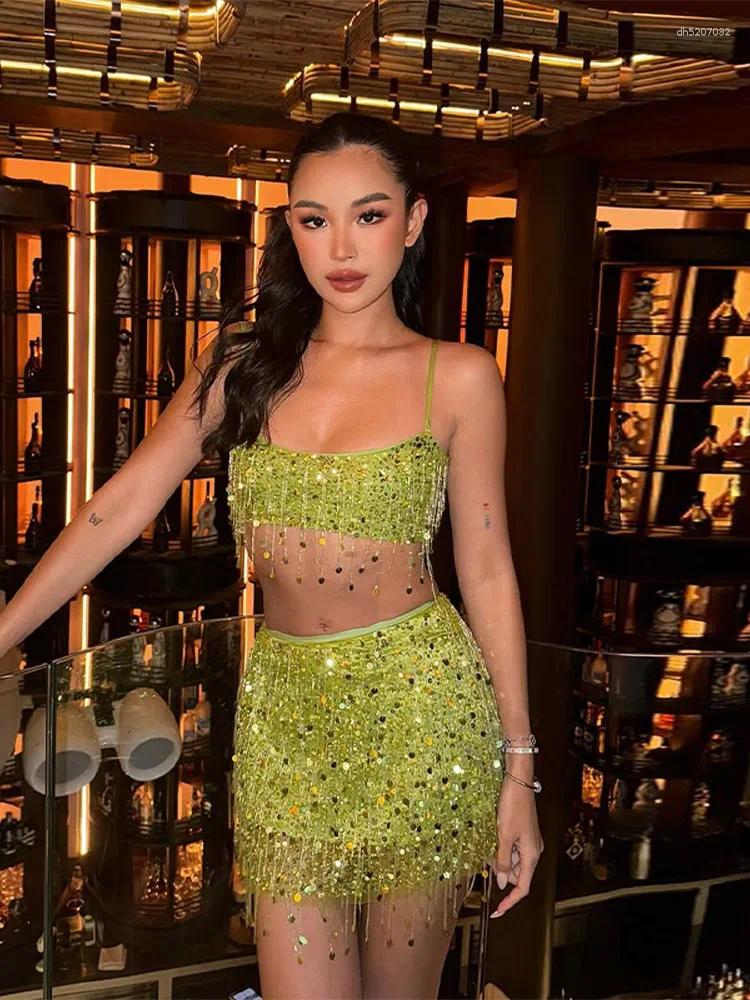 Sexy Tassel Chains Women's Skirt Elegant Solid Sequins Hip Package Female Party Mini Skirts 2025 Summer Lady Outfit Beachwear