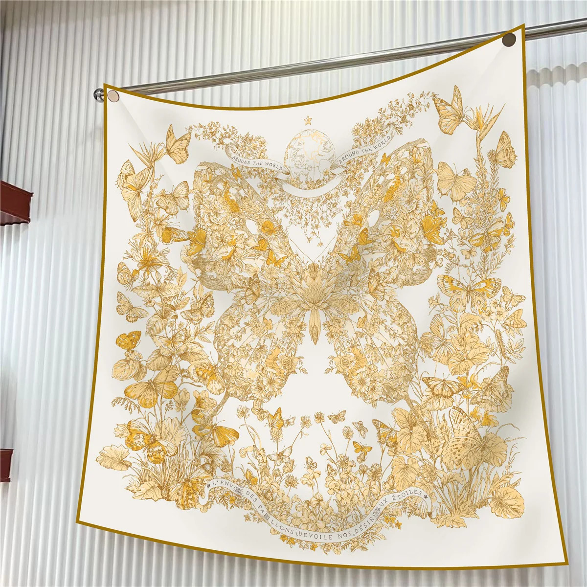 90cm Butterfly Flowers Square Scarf Women Twill Silk Scarf Shawl Hijab Bandana Foulard Neckerchief Head Scarf 250321