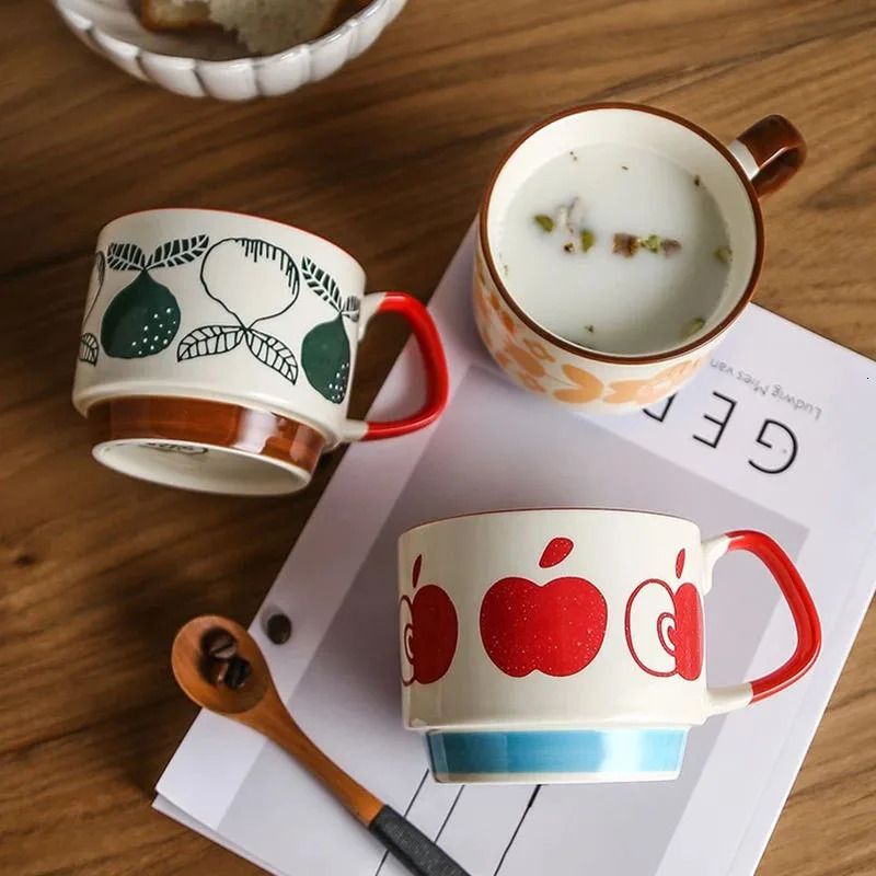300ml Japanese Flower Coffee Cup Set Retro Ceramic Milk Oat Office Water Handle Kitchen Party Beverage 250325