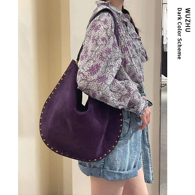 Women's Bags Small niche design rivet frosted purple cowhide large capacity tote bag, new versatile and fashionable single shoulder crossbody bag