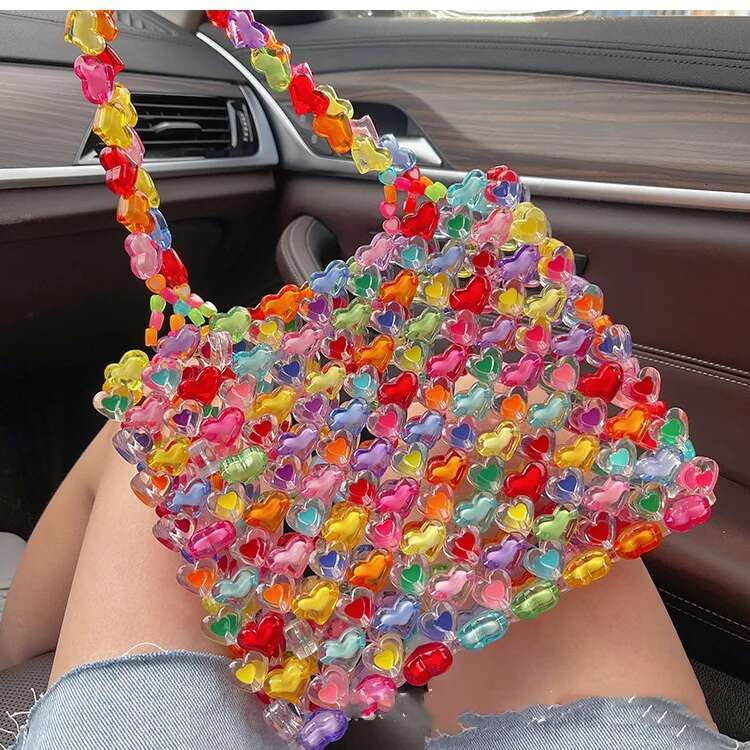 2025 New Handmade Designer Fashion Bead Bag Rainbow Heart Jelly Handbag Beads4
