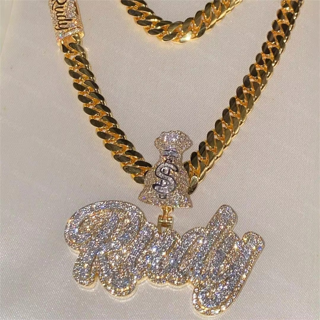 Iced Out Vvs Mossanite Chain Sier Name Letter Hiphop Custom Moissanite Pendant