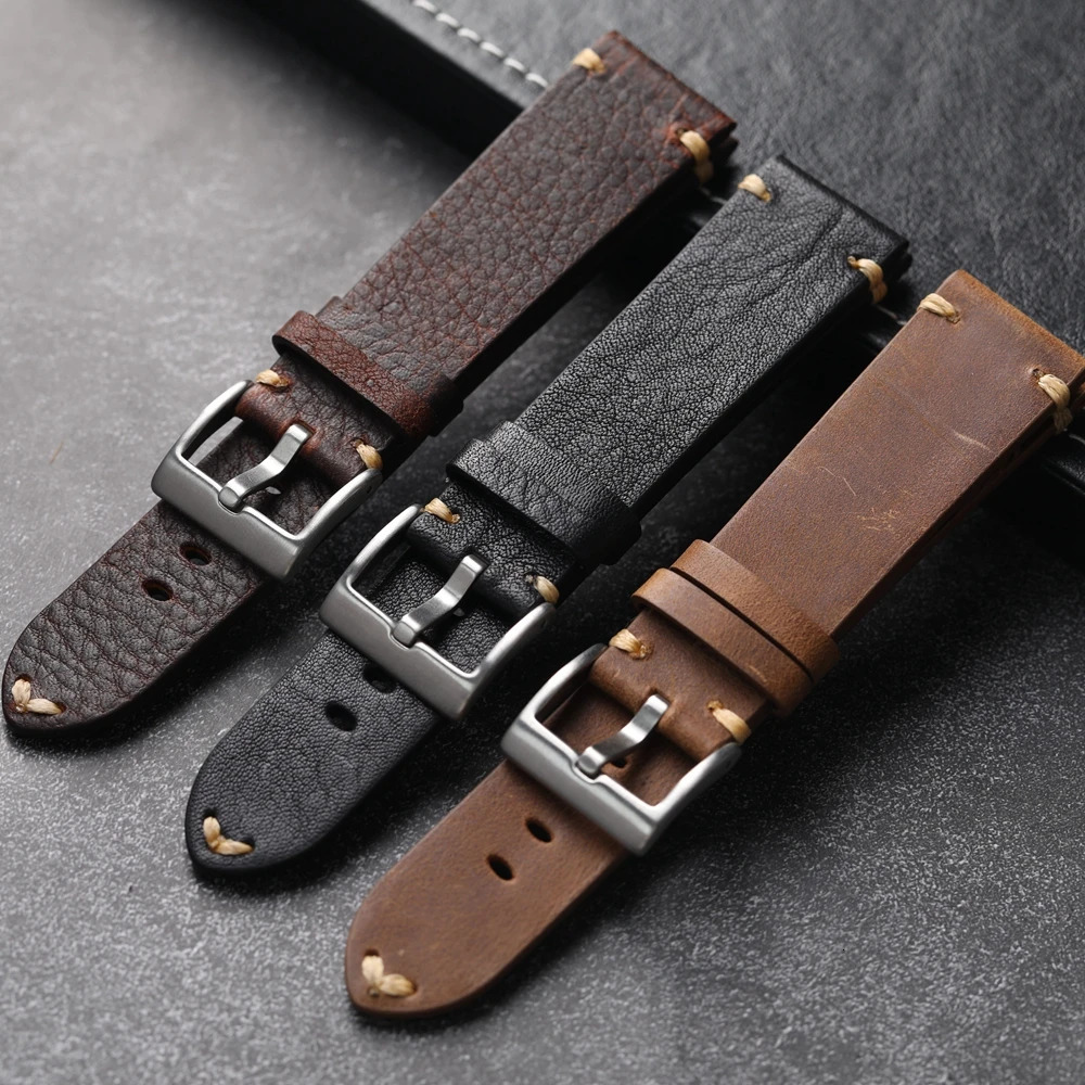 Handmade Head Layer Cowhide Leather Strap 18 19 20 21 22MM Black Brown Maroon Leather Bracelet Retro Style Wear-Resistant Brac 250318