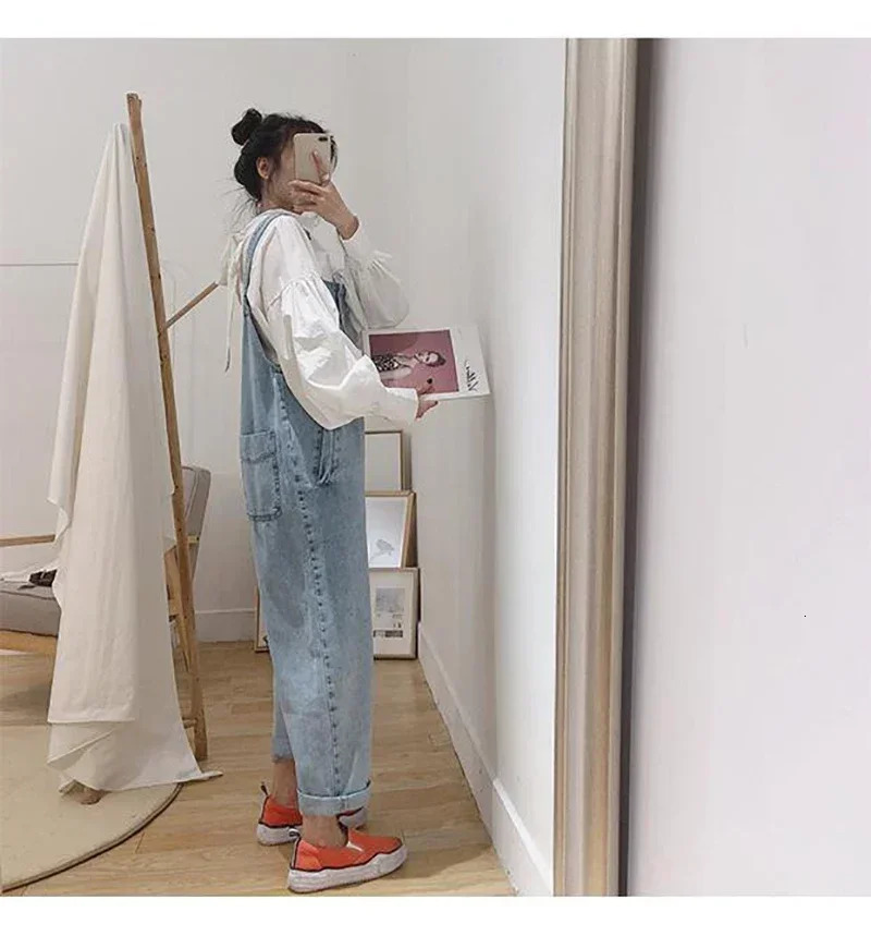 2025 Korean Street Clothing Denim jumpsuit Womens Loose Cute Casual Fashion Girls Maxi Blue Jeans Overalls S2XL 250324