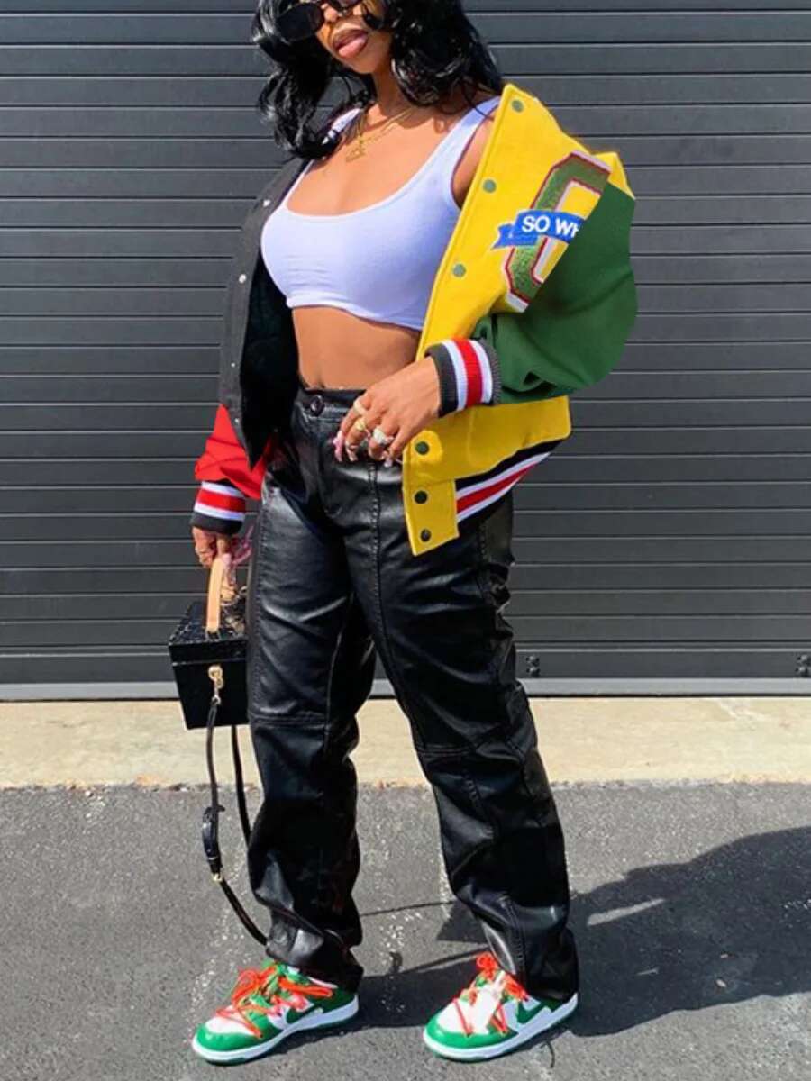 LW Casual Letter Print Patchwork Varsity Jacket Appliques Round Neck Regular Fit Women Y2k Style Fall Coat