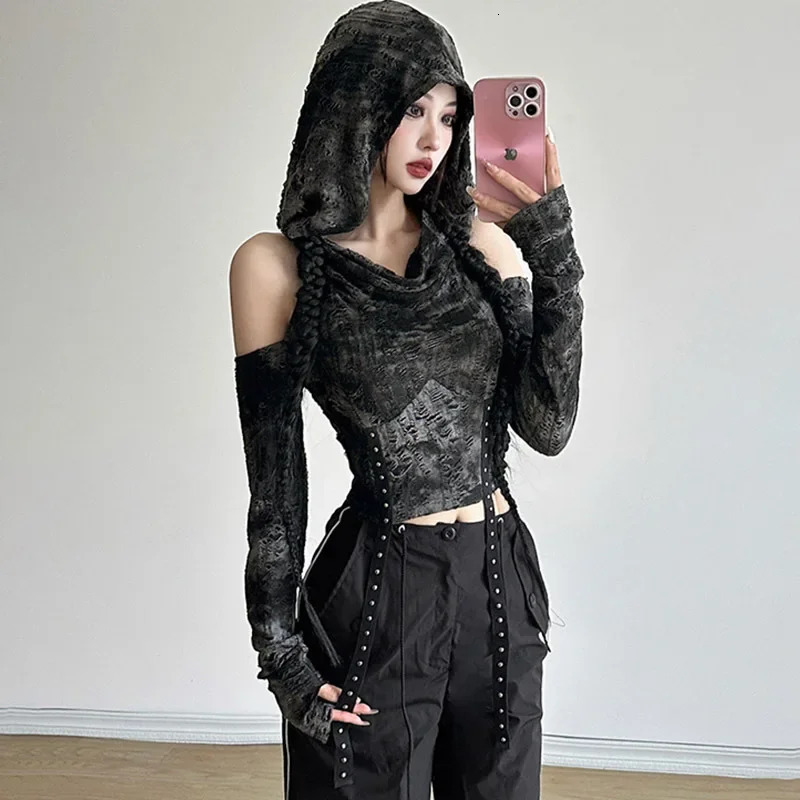 High-waisted Slimming Womens T-shirt Hooded Off-the-shoulder Long Sleeves Handmade Deconstructed Fashion Top Short Top 250317