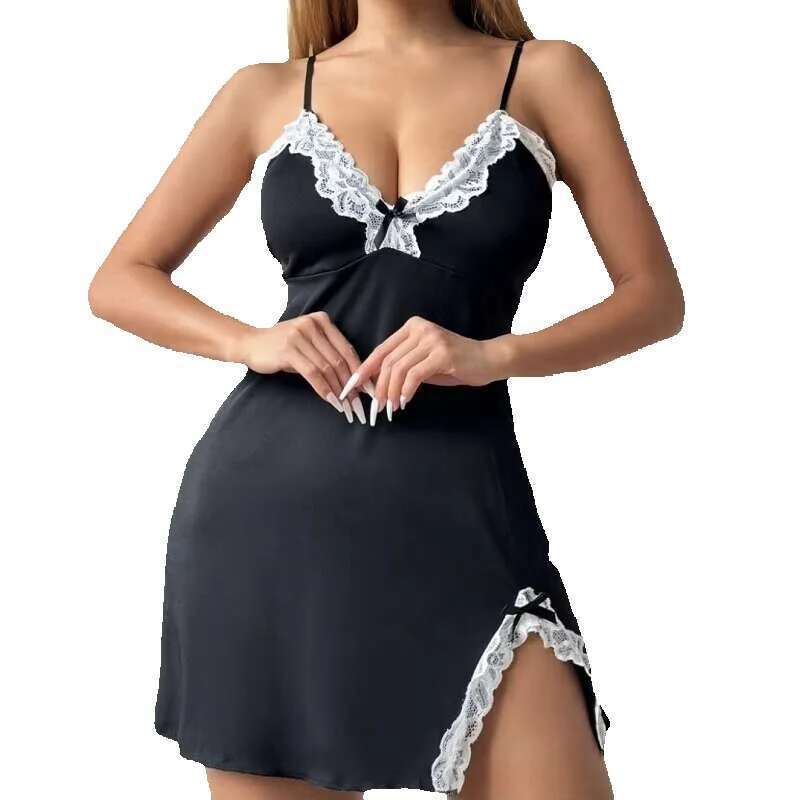 Women's Plus Size Sleepwear Sexy Underwear Lace Deep V Bow Side Slit Slim Sleep Skirts