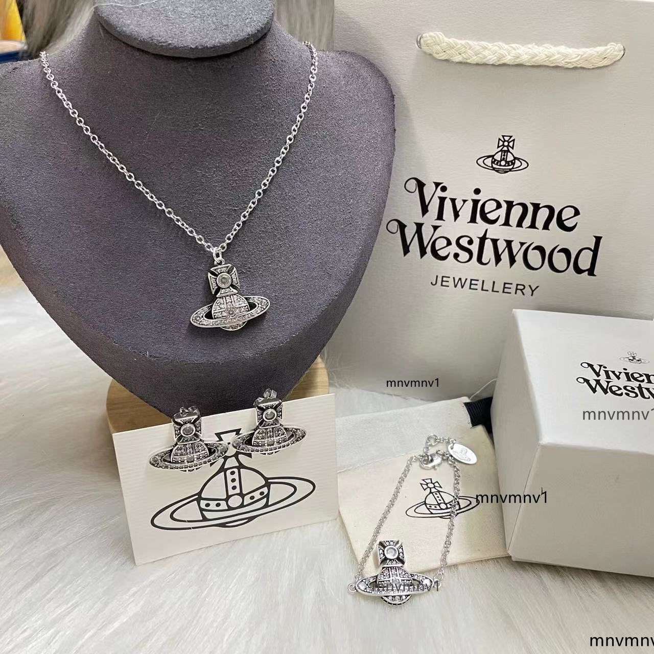 Designer Wests Wood Empress Dowager Cixis New Flat Saturn Full Diamond Necklace Bracelet Earring Set for Women Colo Vivinne Viviannes Viviennen vivene viviane WUEZ