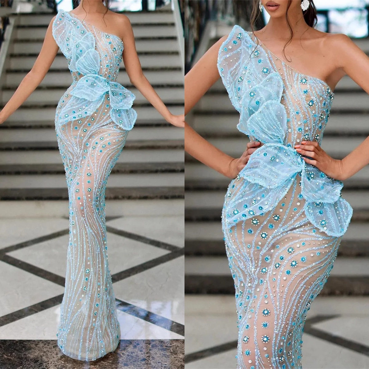 Designer Evening Dresses One Shoulder Sleeveless Bow Gown Sequins Crystal Sweep Train Party Customized Dress