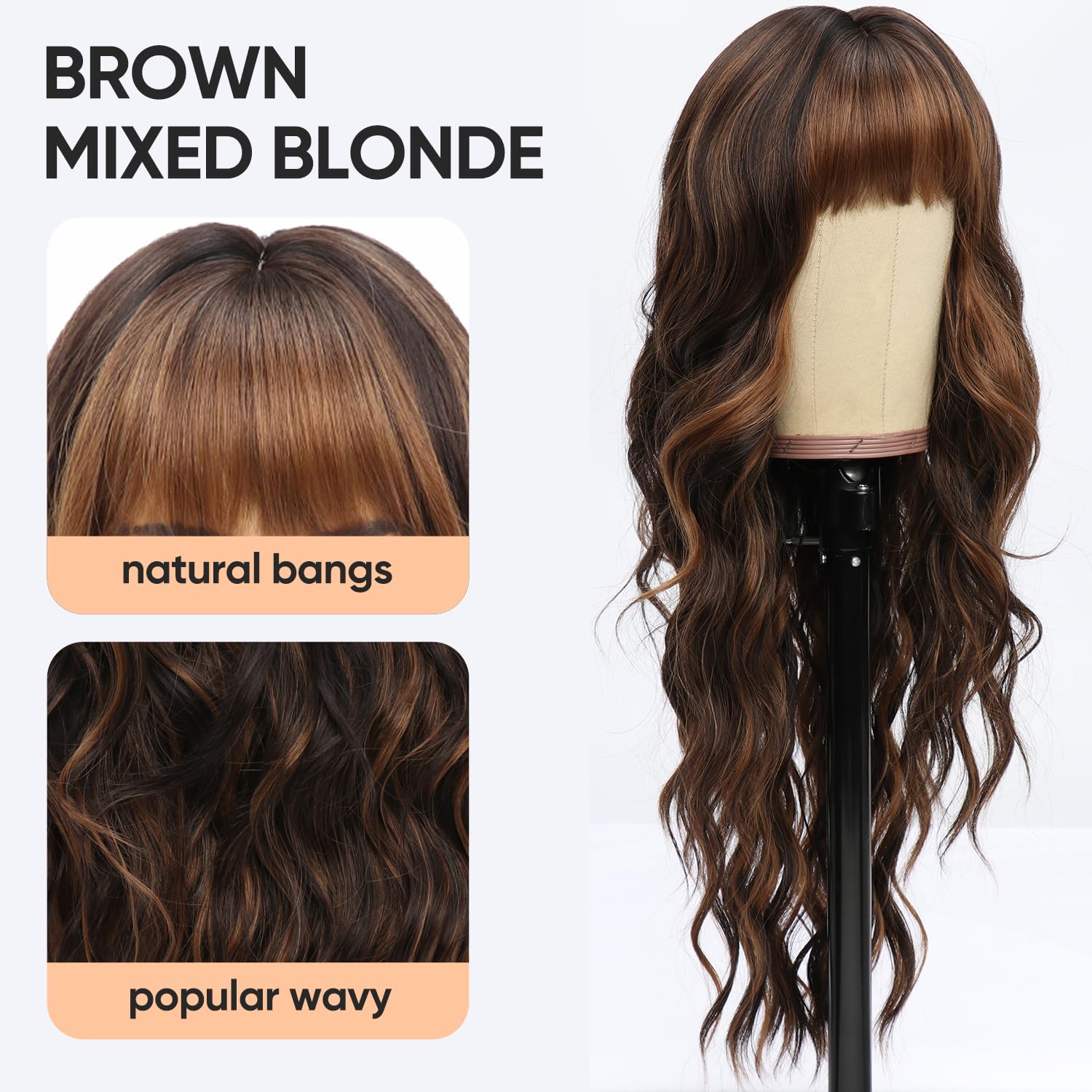 Long Brown Wavy Wigs Long Curly Wig with Bangs Natural Appearance Heat-Resistant Synthetic Wig Suitable for Fashionable Women